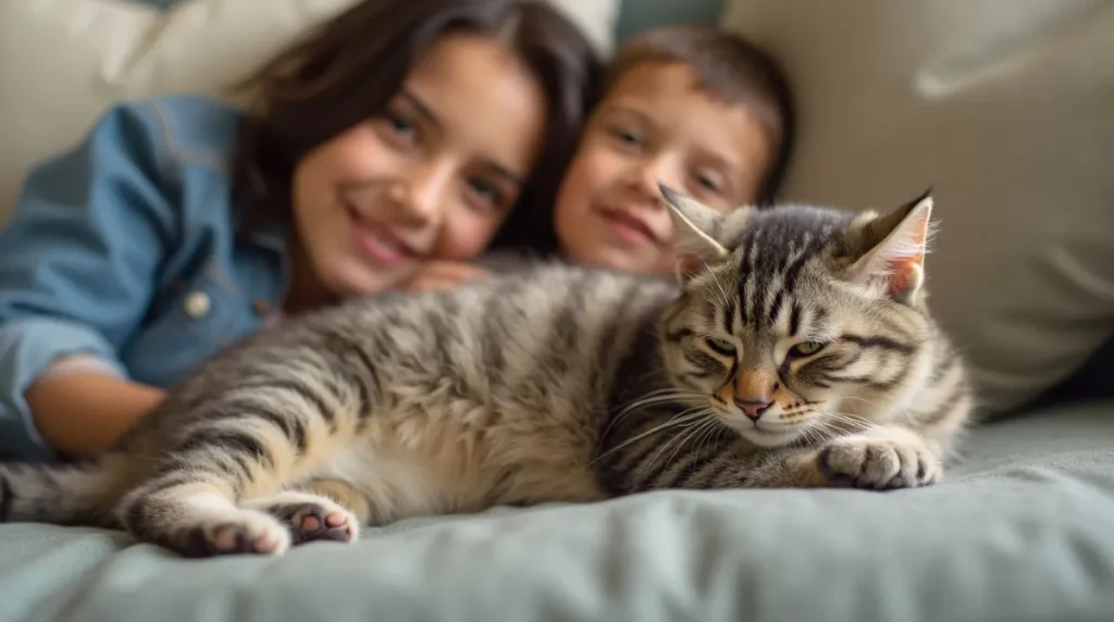 A happy Dicale cats interacting affectionately with a family on a cozy couch.