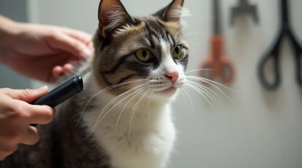 Close-up of a Dicale cats being groomed with a sleek brush, highlighting its shiny coat.