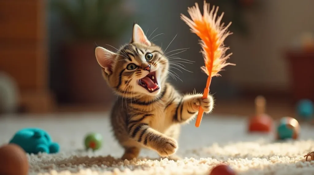 A playful Dicale cat chasing a feather wand in a cozy indoor space with scattered toys.