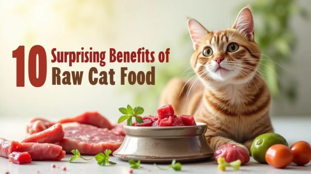 Healthy cat with a glossy coat sitting near a bowl of fresh raw cat food including meat, bones, and organs on a clean background.