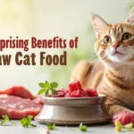 Healthy cat with a glossy coat sitting near a bowl of fresh raw cat food including meat, bones, and organs on a clean background.