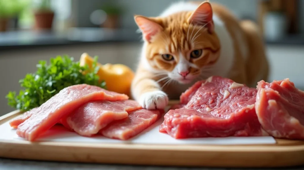 A plate of balanced raw cat food featuring portions of meat, organ meat, and bones, labeled with tags like 'Liver,' 'Chicken,' and 'Meaty Bone' against a clean background.