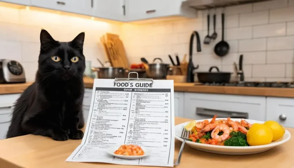 Black cat enjoying shrimp with food safety tips beside it.