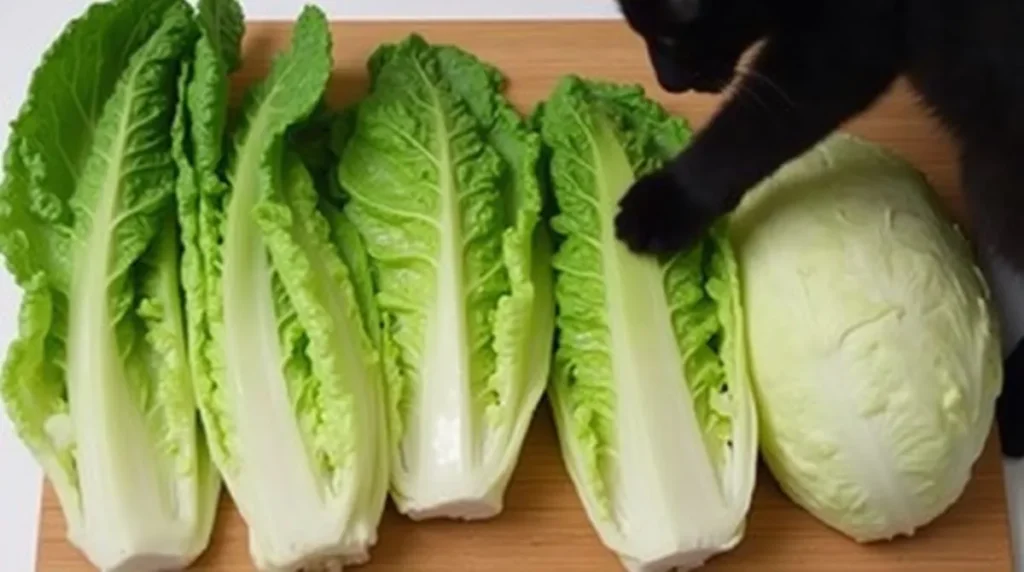 A black cat paw reaching toward a cutting board with lettuce varieties.