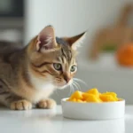 Can Cats Eat Mango? Curious cat sniffing mango pieces on kitchen counter