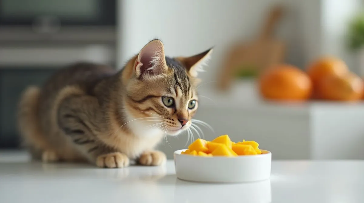 Can Cats Eat Mango? Curious cat sniffing mango pieces on kitchen counter