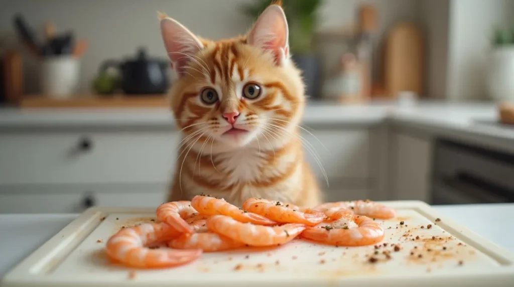 Kitten in the kitchen with shrimp