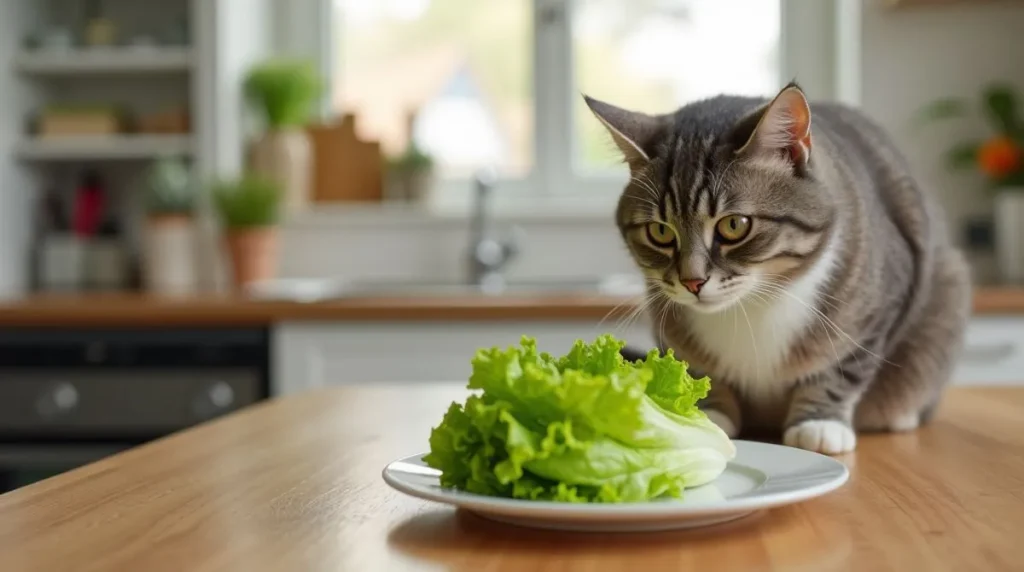 Can cats eat lettuce ? A grey and white cat staring at a romaine lettuce leaf on a white plate.