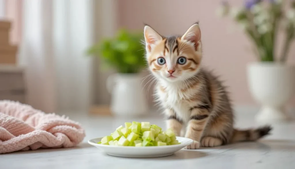 Can kittens eat lettuce ?A kitten sitting beside a plate of chopped lettuce.