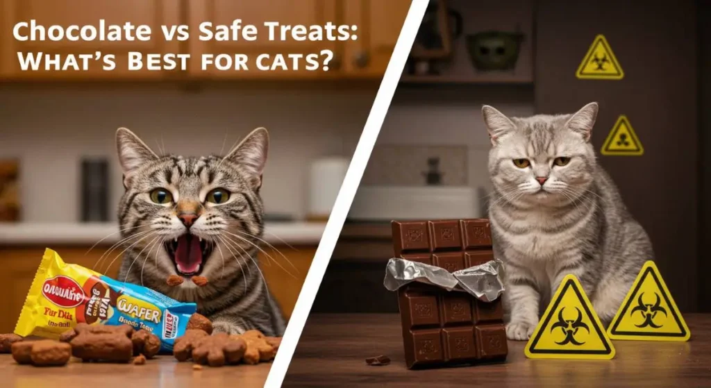 Split-screen: Happy cat eating safe treats vs. sick cat near chocolate