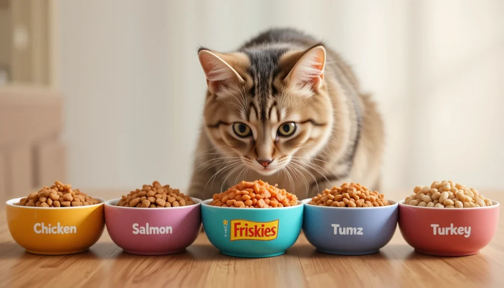 Various flavors of Friskies cat food in separate bowls on a wooden table.