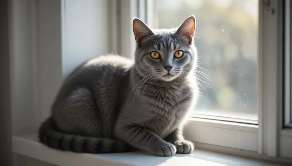 Grey cat sitting gracefully on a windowsill with soft sunlight.