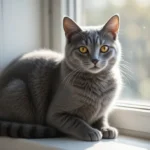 Grey cat sitting gracefully on a windowsill with soft sunlight.