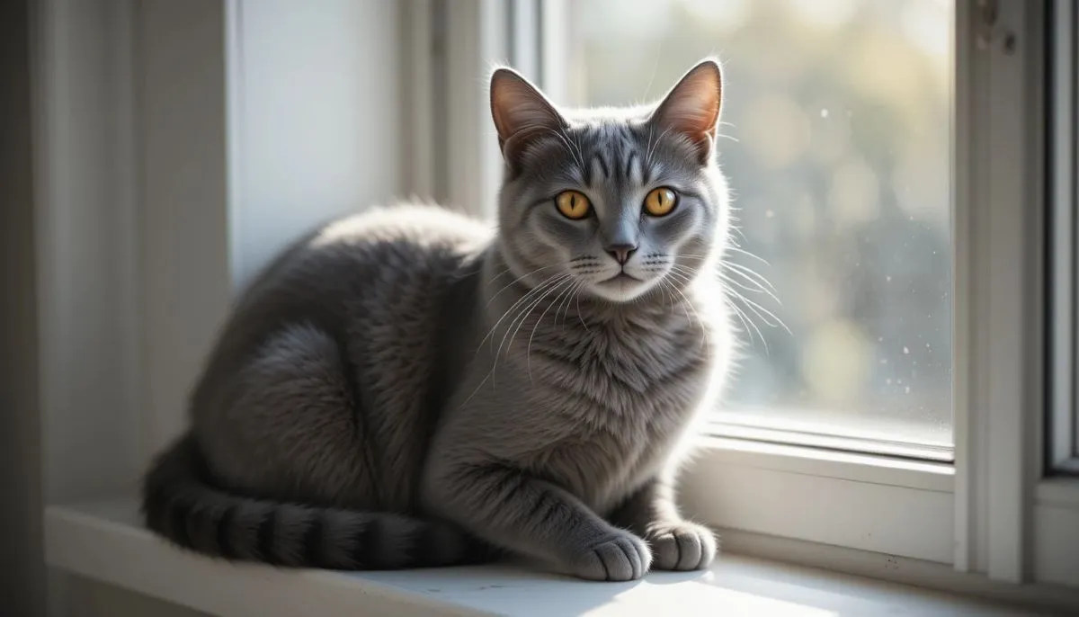 Grey cat sitting gracefully on a windowsill with soft sunlight.