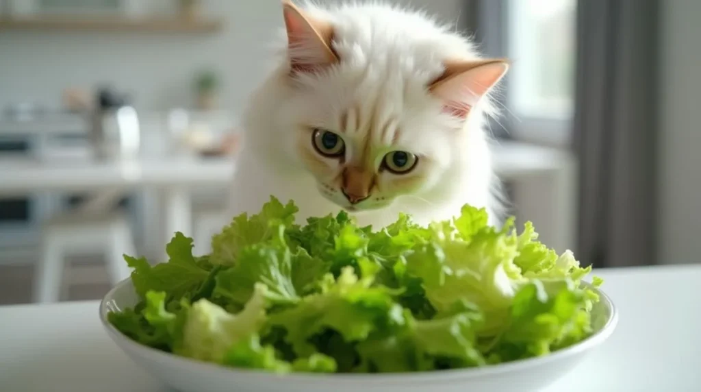 A fluffy white cat sniffing a bowl of washed lettuce leaves.