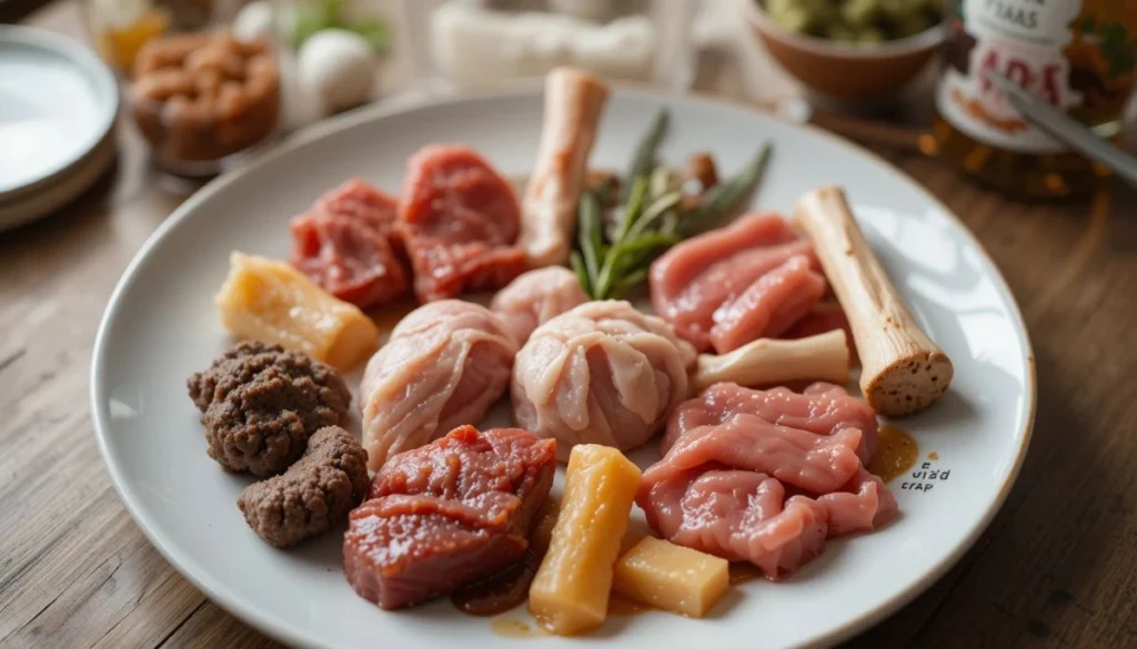 Fresh raw ingredients for cat food, including raw chicken, beef, fish, organ meats, and meaty bones on a clean cutting board with a cat paw reaching out.