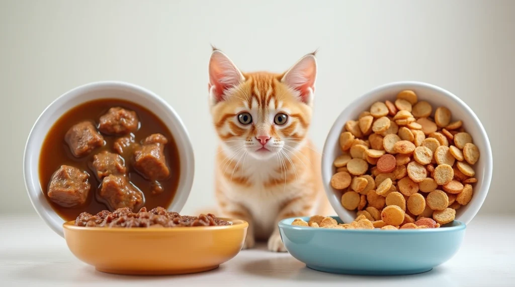 Friskies wet and dry cat food side by side with a curious cat.