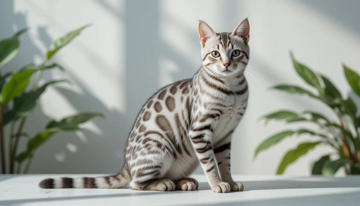 A silver Bengal cat with a shimmering coat sitting gracefully on a light background, surrounded by subtle green foliage.