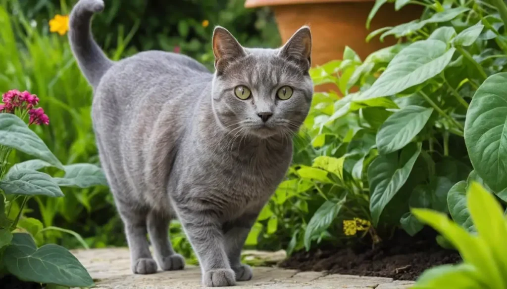 Grey cat exploring a garden, surrounded by vibrant greenery.