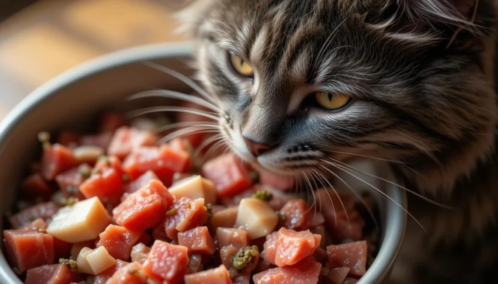 A close-up of a healthy cat with a shiny coat eating from a bowl of raw food, including chopped meat, bones, and organs, with natural light highlighting its fur.