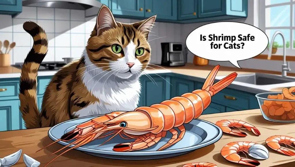 Illustration of a cat with shrimp and food safety tips in the kitchen.