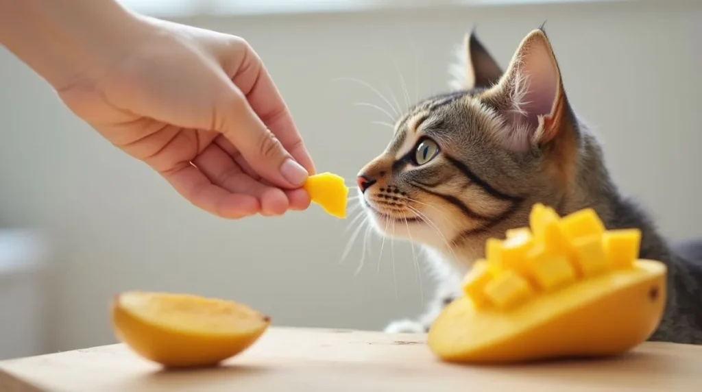 can cats eat mango? Hand offering mango slice to cat for safe feeding