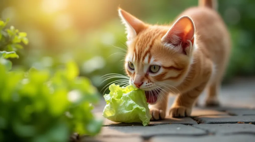 An orange tabby cat eating a piece of lettuce in a sunny garden