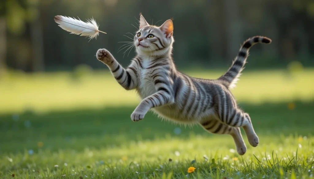 A silver Bengal cat leaping mid-air to catch a feather toy, showing its athletic build and shiny marbled coat.