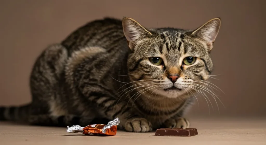 can cats have chocolate? A sick-looking cat after eating chocolate.