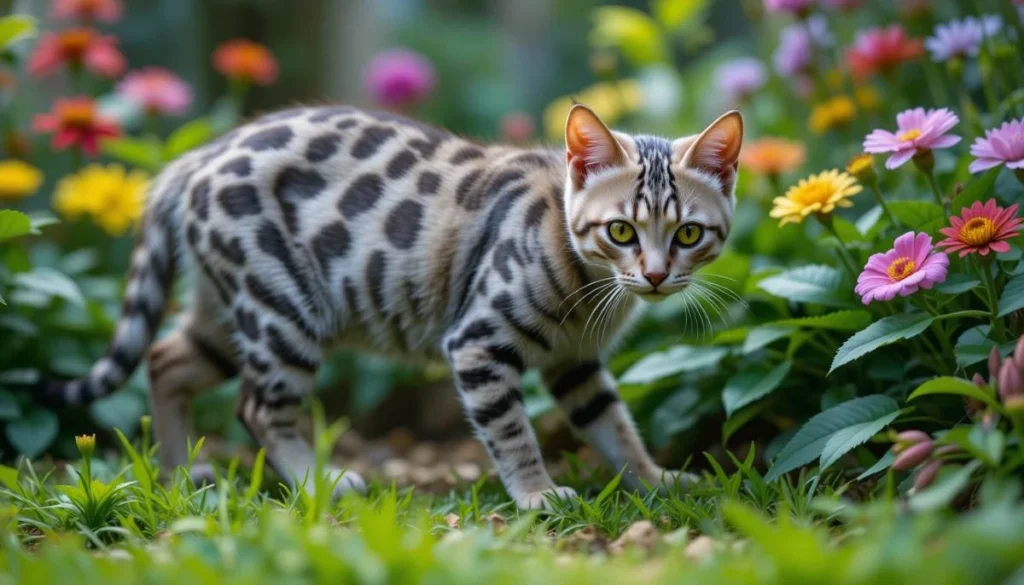 A silver Bengal cat exploring a lush garden, with its exotic spotted coat contrasting against vibrant green plants and colorful flowers.