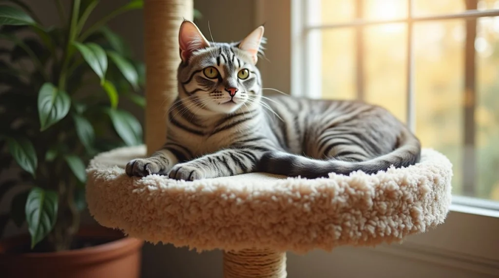 A silver Bengal cat lounging on a modern cat tree, with sunlight streaming through a window and highlighting its shimmering coat.