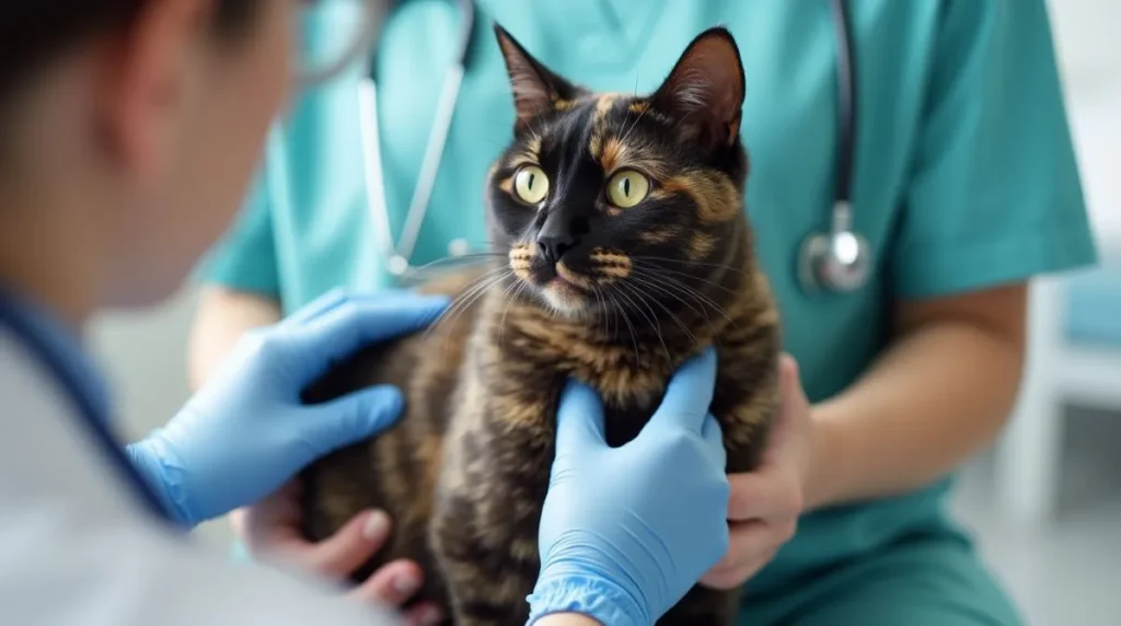 Tortoiseshell cat being checked by a veterinarian to ensure a long lifespan.