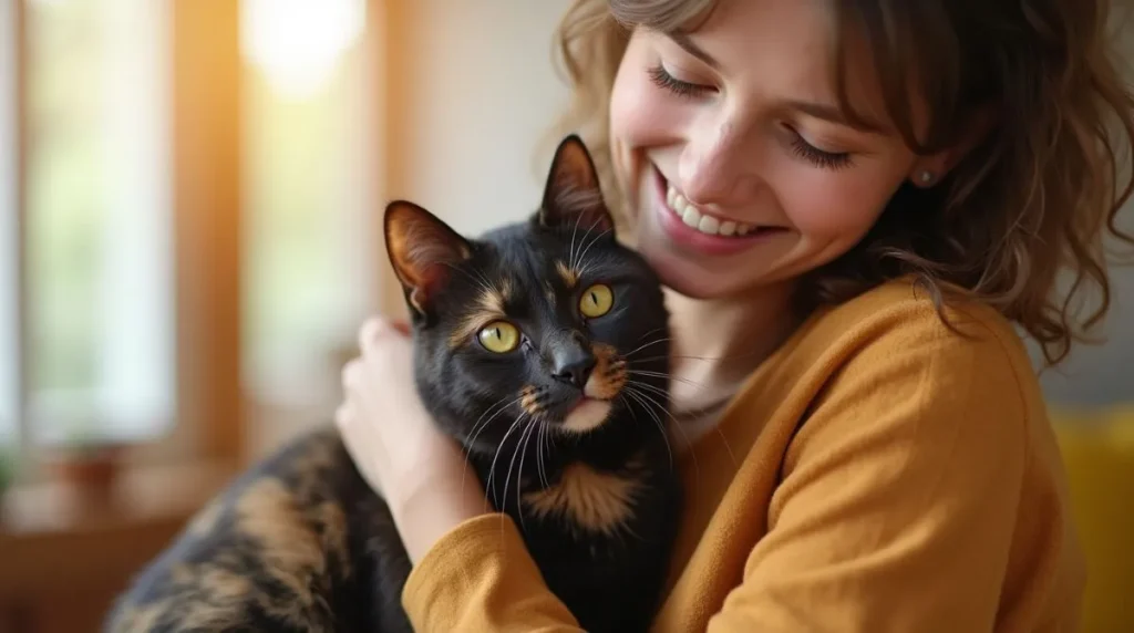 Owner petting a tortoiseshell cat, symbolizing care for a long lifespan.