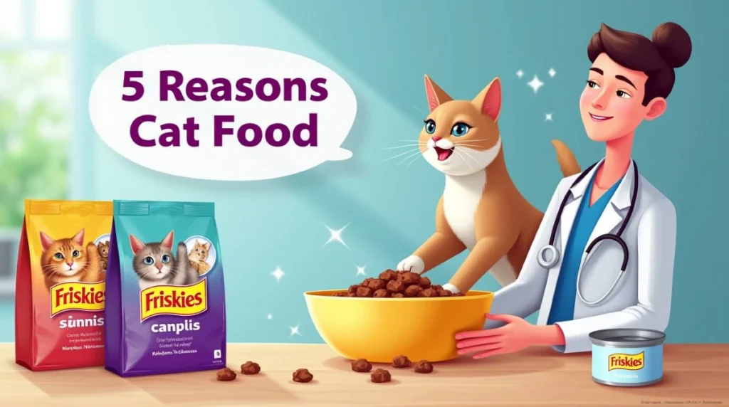 Veterinarian recommending Friskies Cat Food to a healthy tabby cat