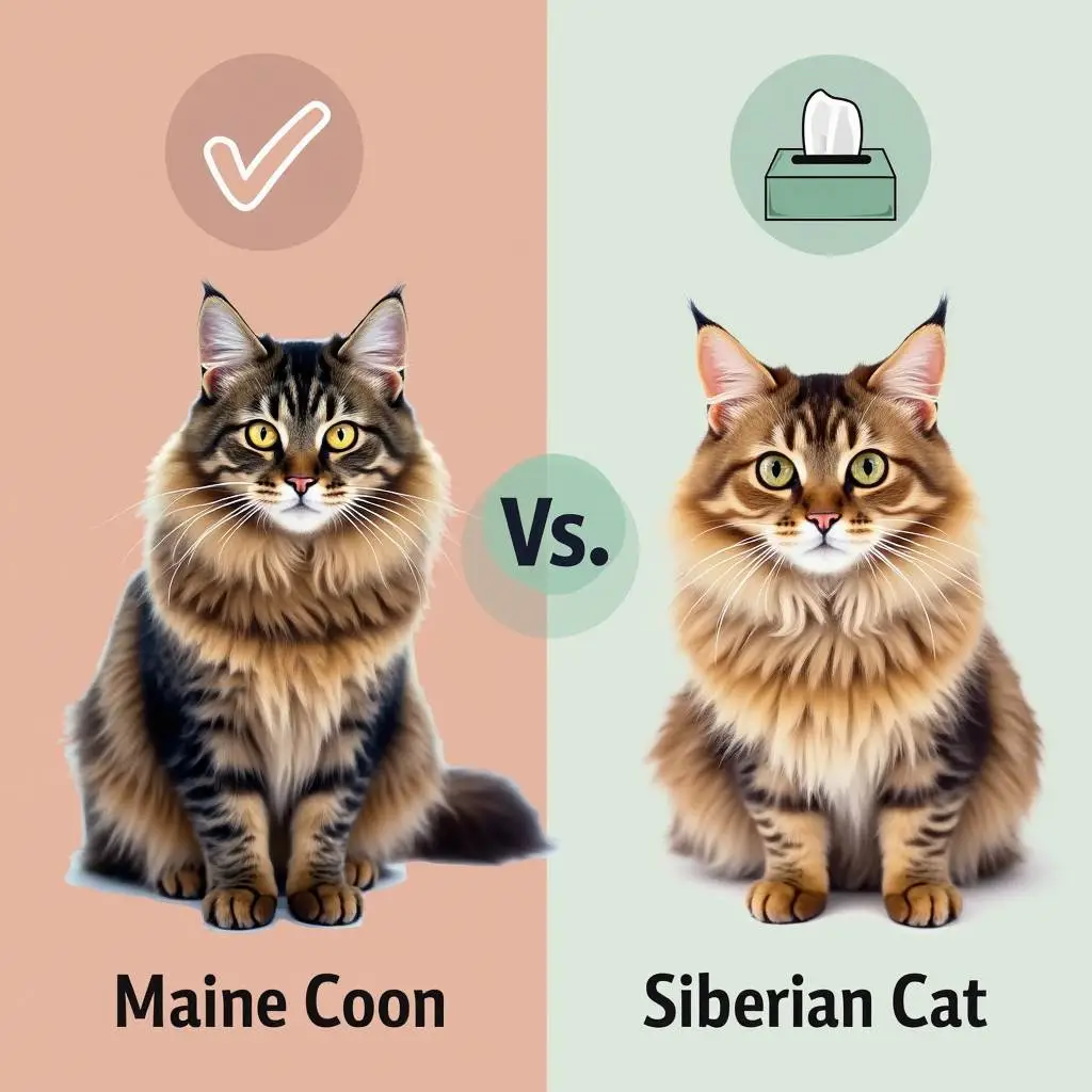 Are Maine Coon Cats Hypoallergenic? Maine Coon cat and a Siberian cat, comparing hypoallergenic traits.