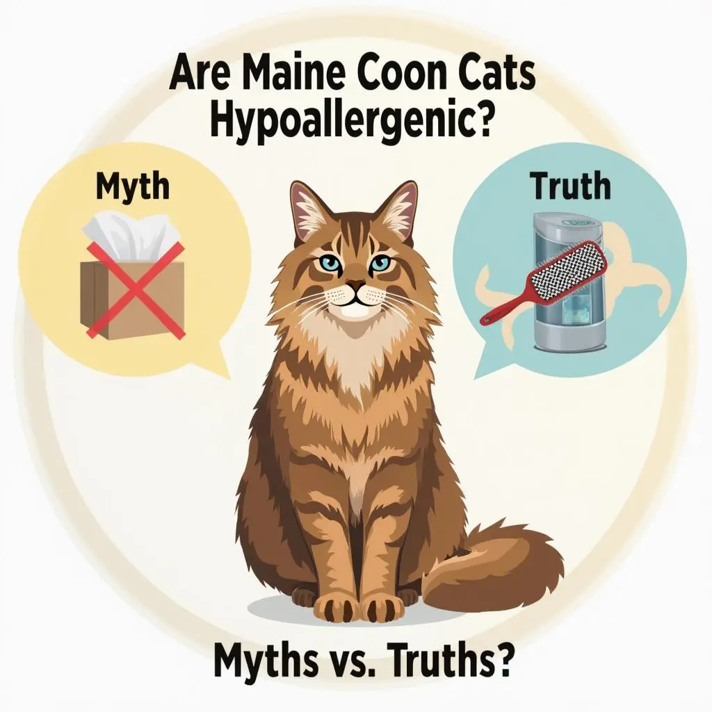 Are Maine Coon Cats Hypoallergenic? Maine Coon cat with myth and truth bubbles about hypoallergenic traits.