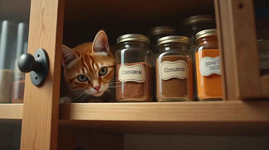 Cat peeking into a spice cabinet filled with jars of cinnamon