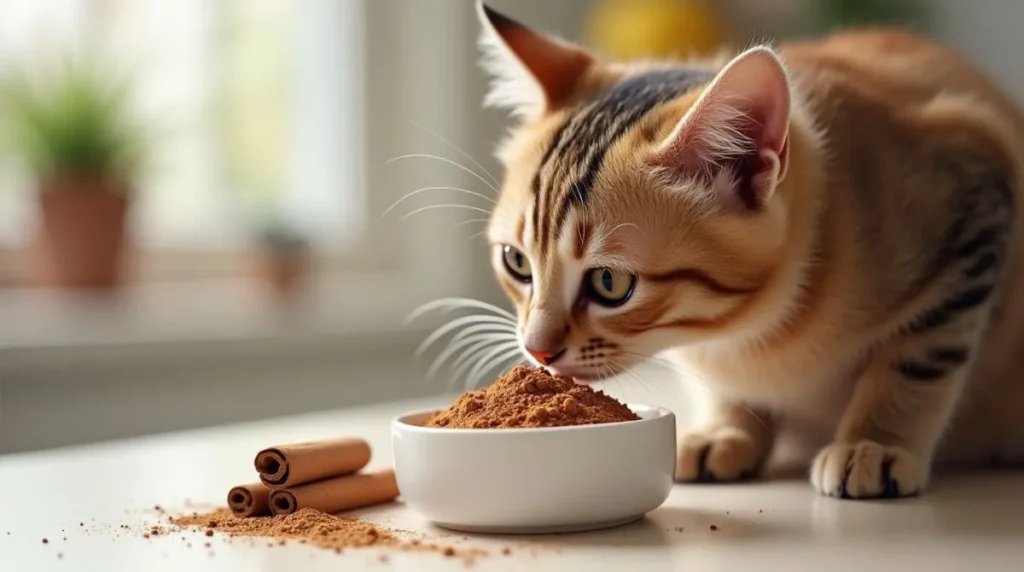 Curious cat sniffing cinnamon powder on a kitchen counter.