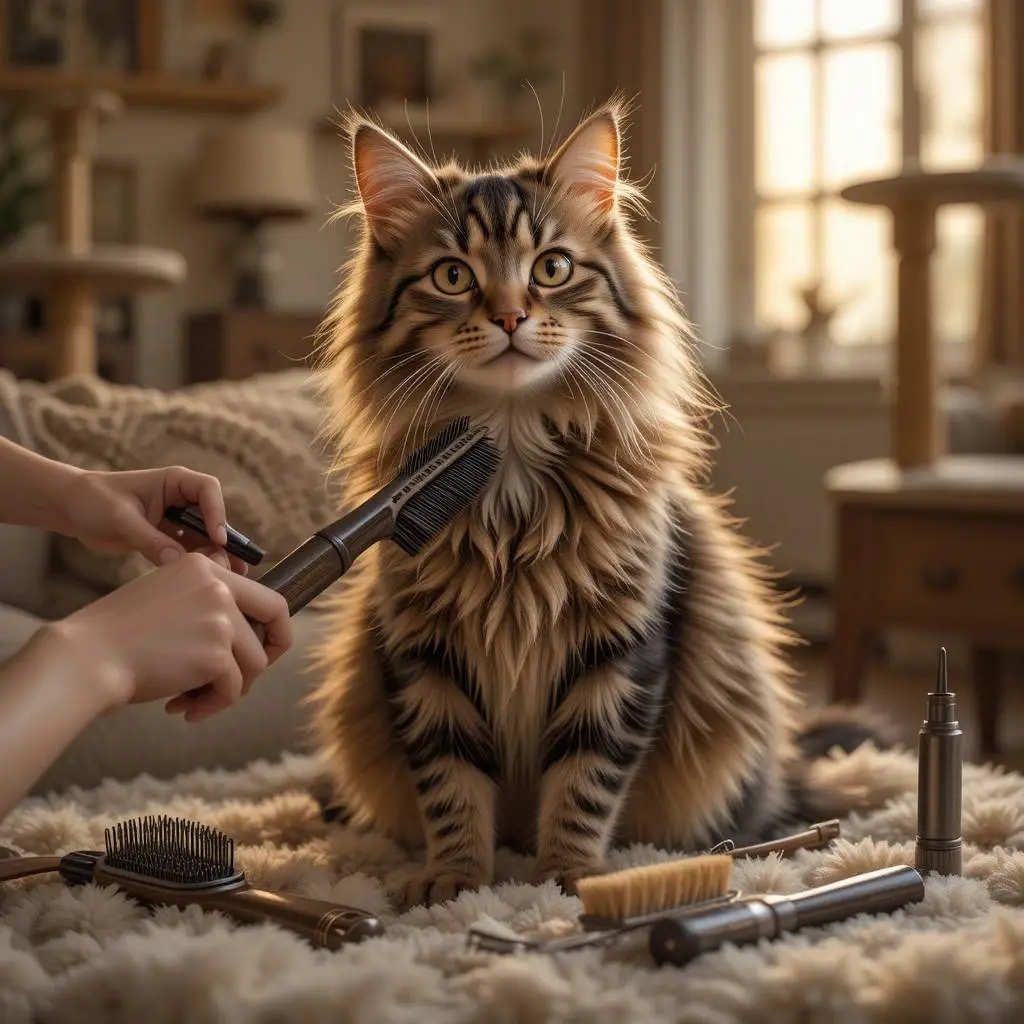 Maine Coon Tabby Mix being brushed with grooming tools nearby