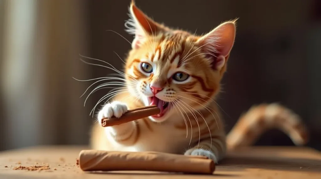 Cat playing with a cinnamon stick on a wooden table.